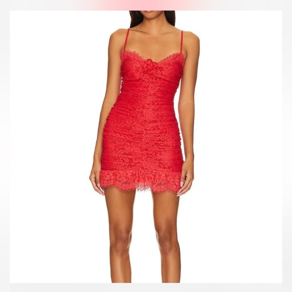 For Love And Lemons DELLA Red Ruched Lace Minidress size small lace rose pin - Picture 1 of 12